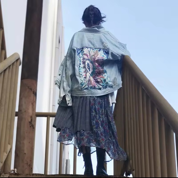 Denim bohemian sunflower flower floral embroidered embellished denim jacket coat - Picture 7 of 12